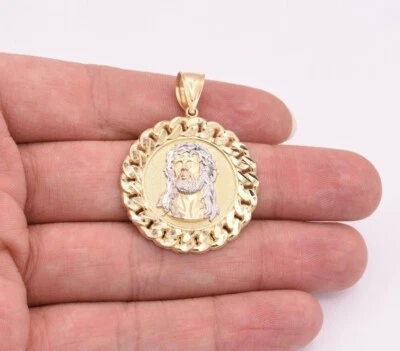 Pingente medalhão 2" Jesus Head Miami meio-fio borda ouro branco amarelo sólido - Imagem 1 de 4