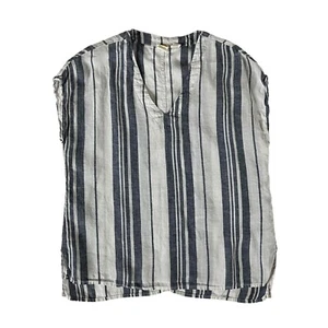 C&C California Tunic Womens L Blue Striped  100% Linen Cap Sleeve Fishtail - Picture 1 of 9