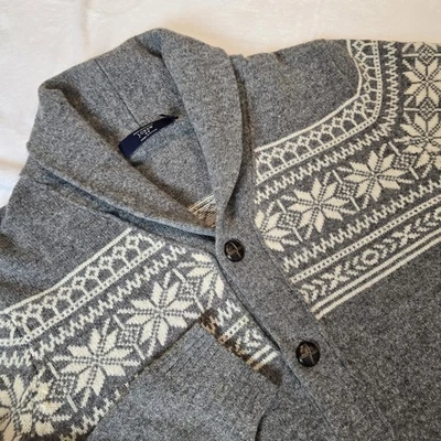 J Crew Shawl Collar Lambswool Cardigan Sweater Gray Snowflake Grandpa Mens S - Image 1 of 4