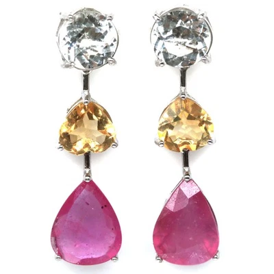 Thai Handgefertigt 10 x 12 Mm. Pink Rubin, Topas & Citrin Ohrringe - Bild 1 von 4