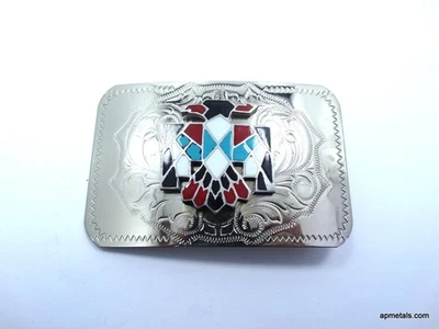 Nativo Americano THUNDERBIRD Hebilla de Cinturón Turquesa Coral Negro Esmalte Águila Foto 1 de 4