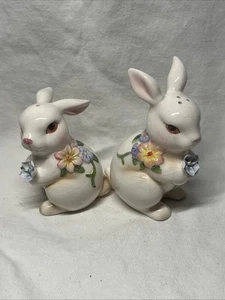Unused Salt & Pepper Shaker Floral Springtime Bunny Rabbit Red Poppies Not Used - Picture 1 of 7