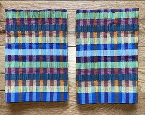 Crate & Barrel Ribbons Bright Puckered Cotton Madras Napkins 20"x20" Set of Two - Picture 1 of 4