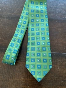 Hickey Freeman Men’s Tie Bright Green Blue Geometric Square Design 100% Silk - Picture 1 of 7