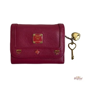 Authentic MCM Magenta/Pink Saffiano Leather Studded Logo Motifs Trifold Wallet - Picture 1 of 12