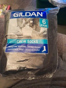 Gildan 6 Pair Of Black Crew Socks Shoe Size 6-12 Athletic Moisture Wicking Socks - Picture 1 of 6