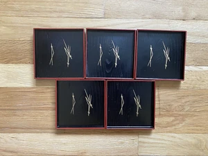 Set Of 5 Black Red Gold Lacquerware Coasters MCM 4" Square Wood Grain Look - Picture 1 of 10