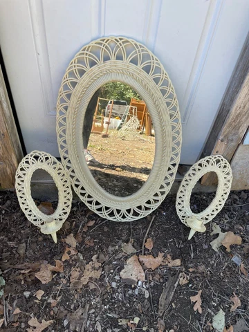 Vintage Burwood Products Mirror with 2 Wall Sconce Candle Holders Oval MCM Cover