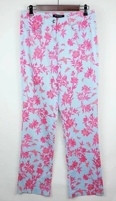 ETCETEARA Mujer 8 Azul y Rosa Floral Mariposas Elástico Acampanado Pantalones Pantalones Foto 1 de 4