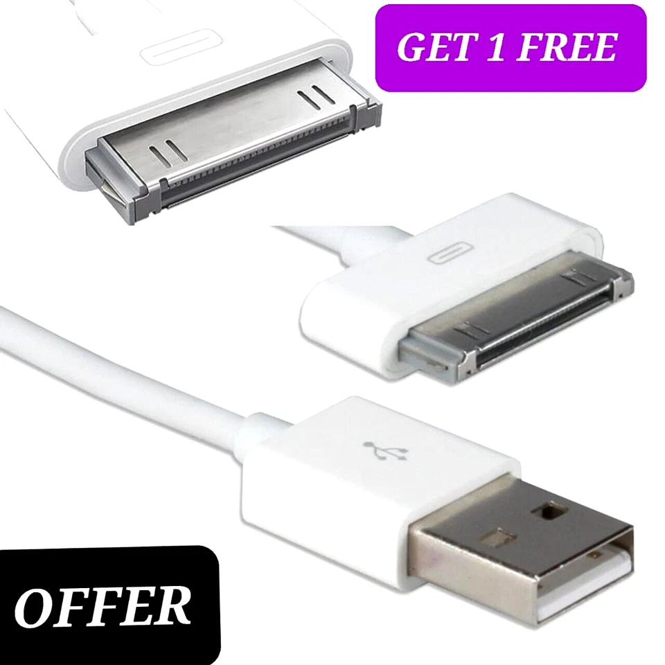 30 Pin USB Charging Data Sync Cable Cord For ipad 1/2/3 ipod Nano 1-6 iphone 4S - Image 1 of 4