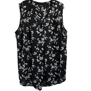 Talbots Women's Top Blouse Plus 2X Black White Floral Pleated Lined Pullover - Picture 1 of 9