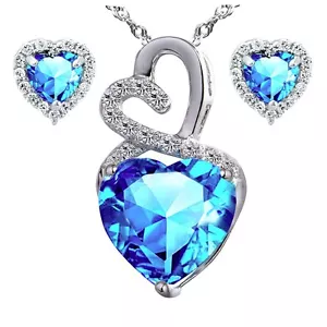 Juego de Collares y Pendientes de Corazón de Topacio Azul Simulados de Plata Esterlina Regalo para Ella - Imagen 1 de 6