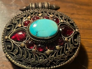 Tibetan Ghau Prayer Box Pendant | Turquoise & Raspberry Garnet Amulet - GLOWS - Picture 1 of 7
