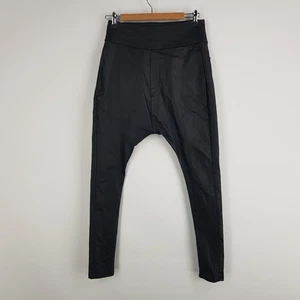 Decjuba Women Size 8 Black Drop Crutch Faux Leather Pants Elastic Waist Pockets - Picture 1 of 15