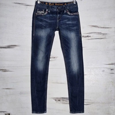 Jeans skinny feminino Rock Revival tamanho 26 azul denim enfeitado desgastado - Imagem 1 de 4