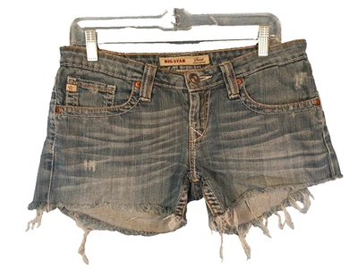 Big Star Cut-Off Blue Denim Shorts Sweet Ultra-Low Rise Distressed Size 29 - Image 1 of 4