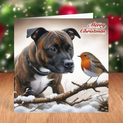 FAT CAT & LAZY DOG Staffordshire Bull Terrier Dog Christmas Card, Staffie