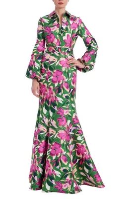 Badgley Mischka Green Floral Long Sleeve Mermaid Shirt Gown $915 Modest sz 2 MOB - Image 1 of 3