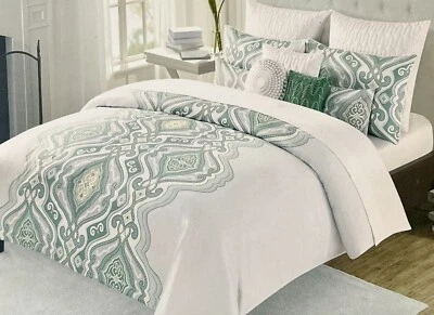 JUEGO FUNDA NÓRDICA Max Studio verde blanco medallón completo/queen con fundas Foto 1 de 2