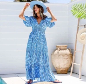 LABEL OF LOVE Mimi Blue Zigzag Print Maxi Dress NWT Size S - Picture 1 of 15
