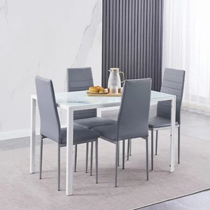 47" White Marble Glass Dining Table & 4pcs Gray Faux Leather Dining Chairs Set - Picture 1 of 9