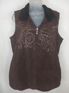 Basic Editions Fleece Vest Size Large Brown Embroidered Full Zip Pockets Poly - Picture 1 of 9