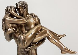 11" LOVERS STATUE Man Carrying Woman / Male Kissing Female Statue Bronze Finish