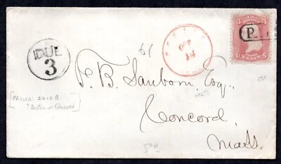 US 1862 RARE POSTAGE "DUE" COVER BOSTON IN RED TO CONCORD MASS PAID IN BLACK - Image 1 of 2