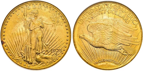 1925 AV $20, Double Eagle. ANACS MS65 Saint-Gaudens Philadelphia IGWT Cover