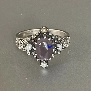 Beautiful Natural Amethyst & Pearl Ring in Intricate Sterling .925 Band Sz 5.75 - Picture 1 of 4