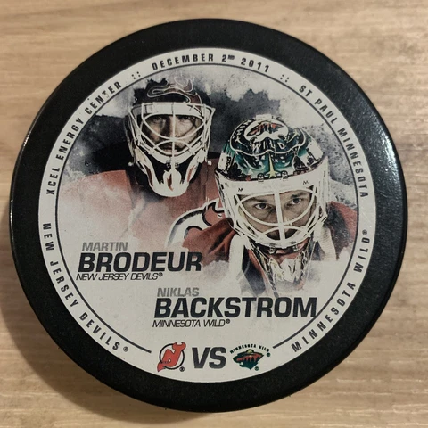 MINNESOTA WILD BACKSTROM vs. NEW JERSEY DEVILS MARTIN BRODEUR NHL HOCKEY PUCK Cover
