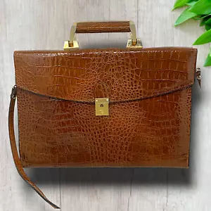 Vintage Snake Embossed Brown Leather Mini Letter Document Briefcase Korea - Picture 1 of 9