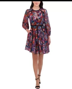 Vince Camuto Metallic Chiffon Fit & Flare Dress Women's Multi Quarter Sleeve 2 - Picture 1 of 13