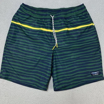 LL Bean Shorts Mens Large Green Striped Vacationland Stretch Lined Swim Trunks - Image 1 of 4