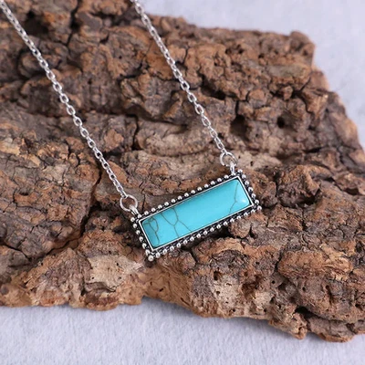 Retro Rectangle Turquoise Pendant Necklace Women Men Jewelry — 第 1/4 张图片