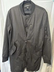 H&M Long Bomber Jacket Mens Size Med Black Full Zip Lightweight Casual Pockets - Picture 1 of 10