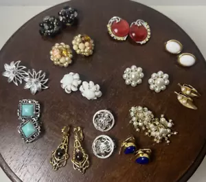 Vintage Lot 13 Pairs Faux Pearls/Rhinestones Clip-On Earrings 1 Crown Trifari - Picture 1 of 16
