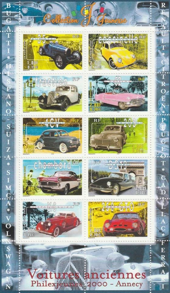 FRANCIA LA POSTE 2000 VOCES ANTIGUOS COCHES CLÁSICOS MNH HOJA DE 10 Foto 1 de 1