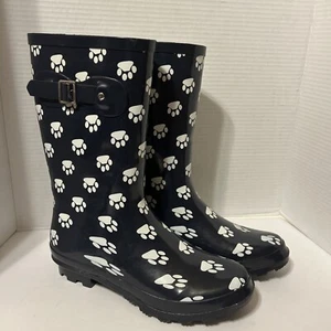 Norty Womens Rubber Rainboots Paw Print Size 10 Run Large - Picture 1 of 7
