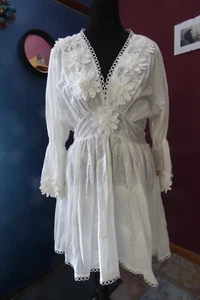 W GOTH BOHO HIPPY WEDDING WHITE FLORAL WOVED LONG SLEEVED MINI SKATER DRESS XL - Picture 1 of 18