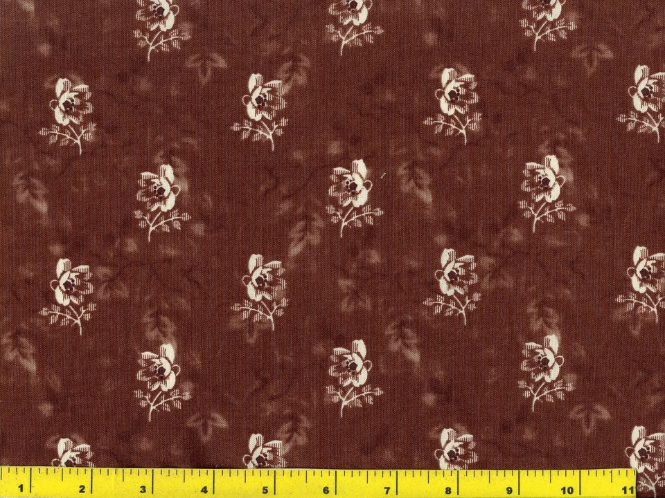 Off White Flowers on Dark Reddish Brown Quilting Sewing Fabric by Yard  #810 - Image 1 of 1