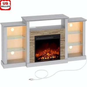 Fireplace TV Stand W/ LED Lights 4 AC Power Outlets Adjustable Glass Shelves New - Picture 1 of 7