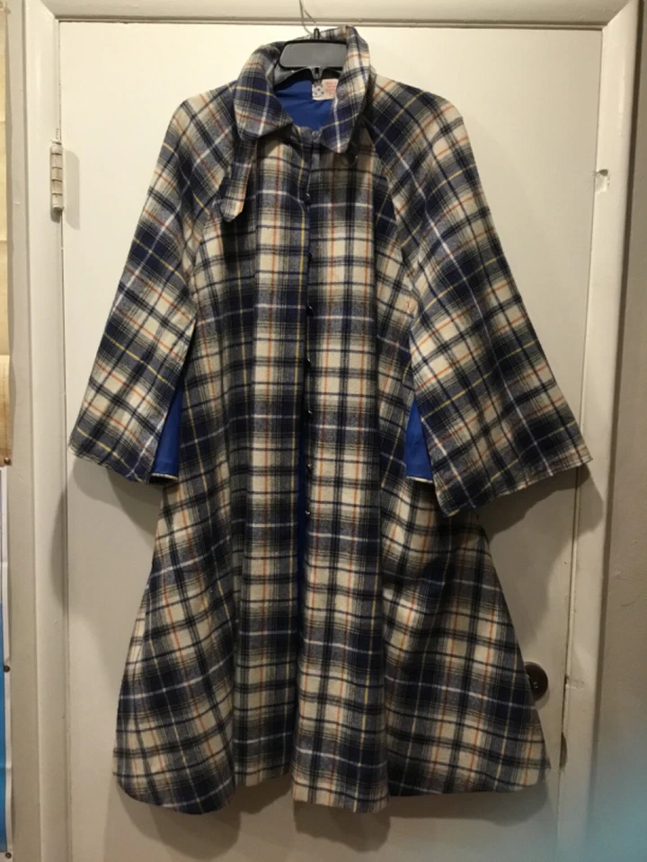 Vintage Handmade Vogue American Designerblue Plaid Long Button Down Trench Coat  - Image 1 of 4