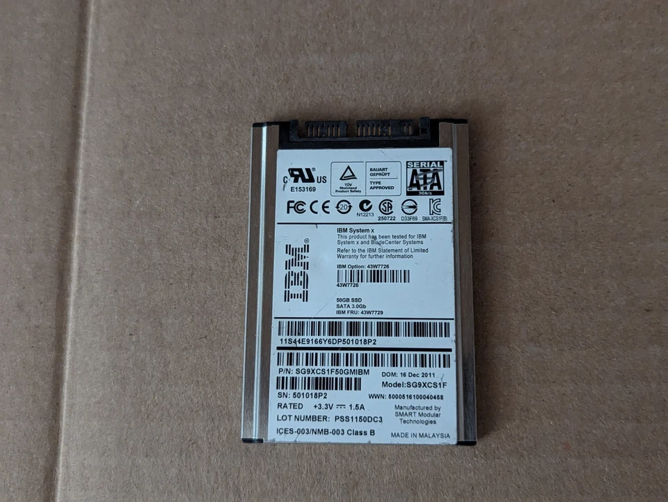 IBM SG9XCS1F 50GB 1.8IN USATA SSD DRIVE 43W7729 40K6897 L3-7(16) - Image 1 of 4