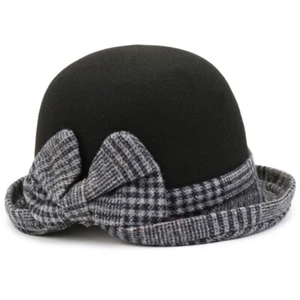 Lady Felt Bucket Hat Cloche Church Bowler with Bow Houndstooth Retro Winter Chic - Picture 1 of 16