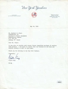 Clyde King signierter Yankees Briefkopf mit JSA COA - Bild 1 von 2