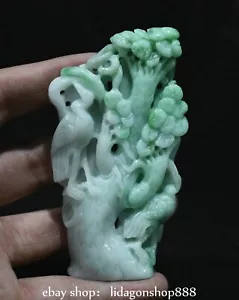 3.6" Chinese Emerald Jadeite Carving Fengshui Tree Crane Statue Pendant - Picture 1 of 10