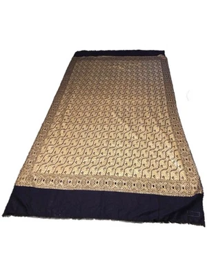 Mantón Jamavar 100 % Cachemira Negro con Hilo Dorado Hojas de Cachemira Patrón Remolino India Foto 1 de 4