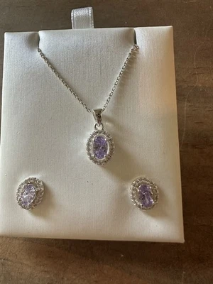 Amethyst CZ Silver Tone Necklace & Earring Set 16-18" Cable Chain…New - Image 1 of 2
