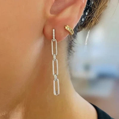 2.00Ct Round Lab Created Diamond Paper Clip Dangle Earring 14k White Gold Plated - Image 1 of 4